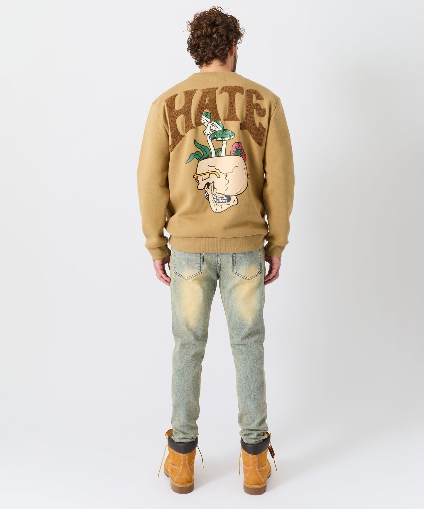 Love Hate Front And Back Chenille Patched Crewneck - Khaki