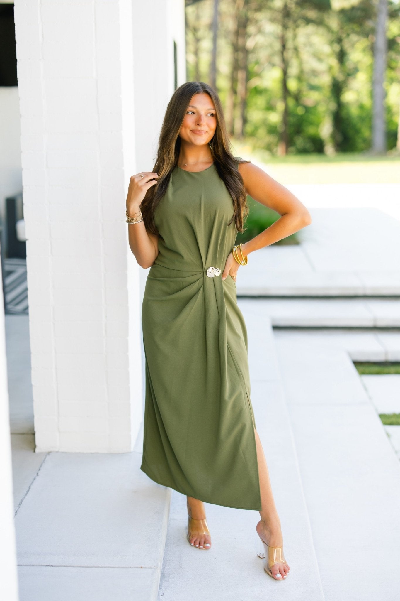 Dressed Up Olive Ruched Midi Dress