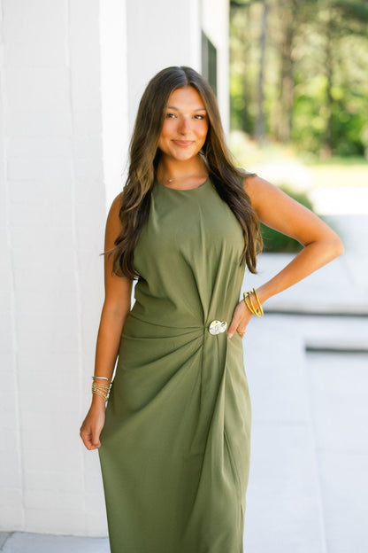 Dressed Up Olive Ruched Midi Dress