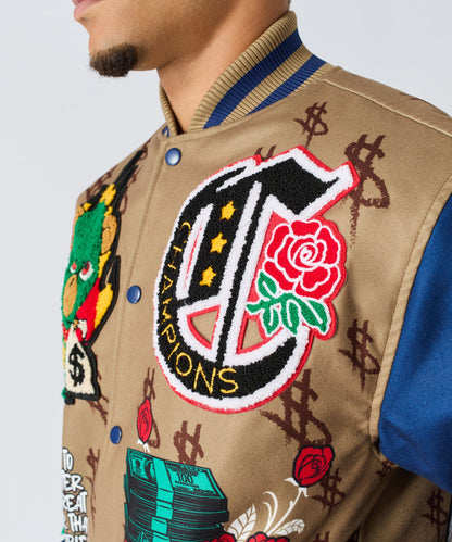 Paper Chaser Chenille Patched Varsity Jacket - Khaki