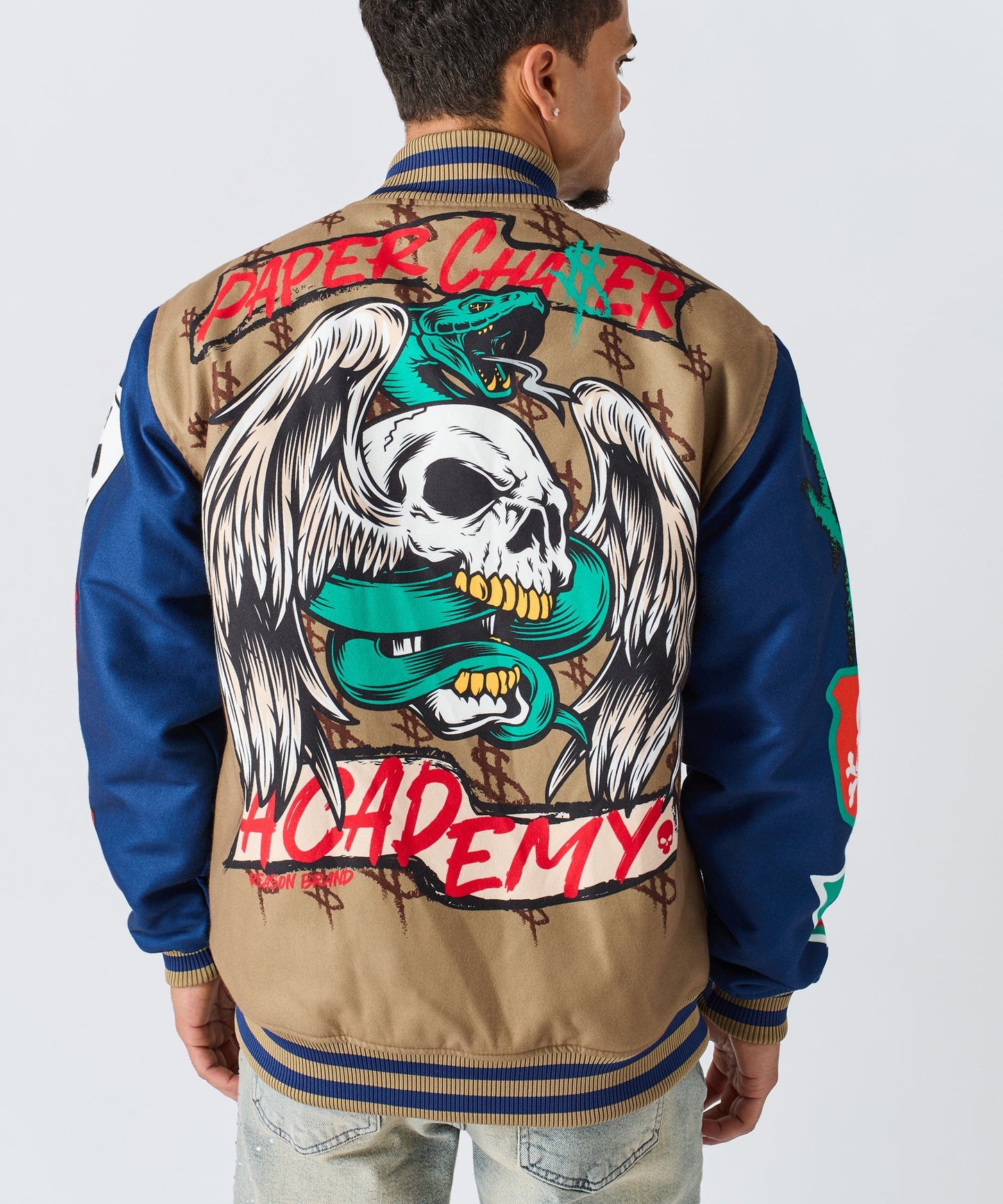 Paper Chaser Chenille Patched Varsity Jacket - Khaki