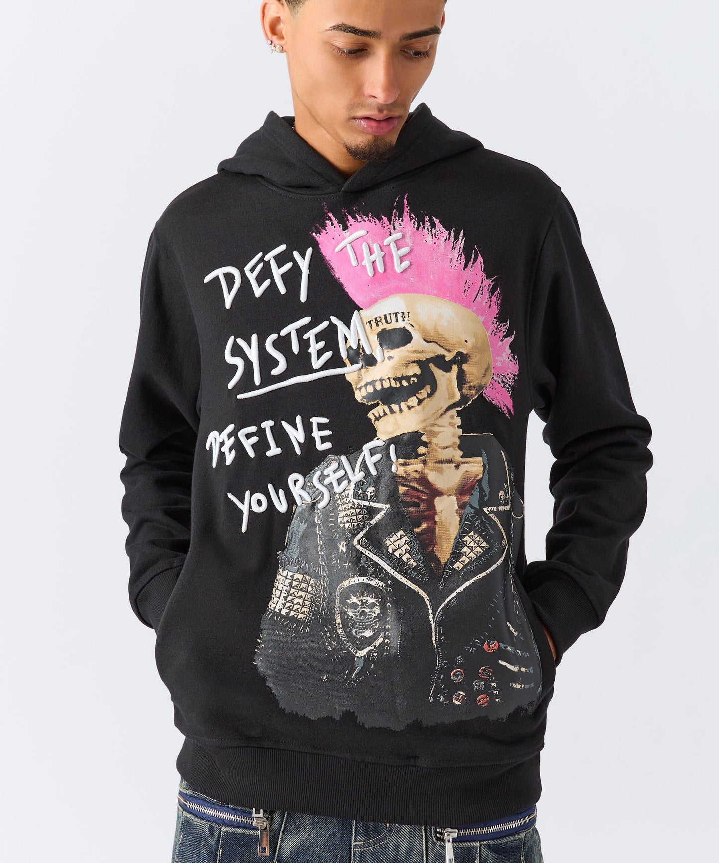 Defy The System Embroidered Hoodie - Black
