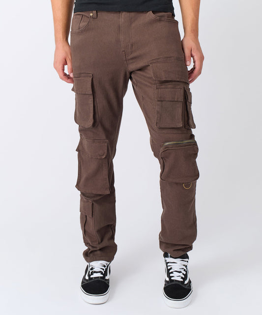Multi Pocket Cargo Denim Pants - Brown