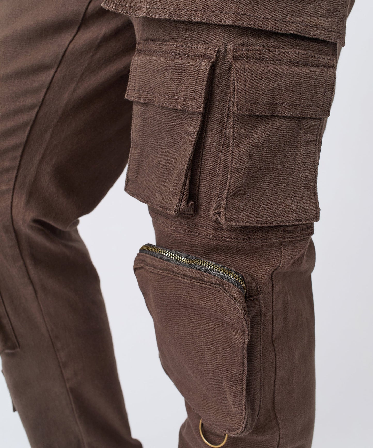 Multi Pocket Cargo Denim Pants - Brown