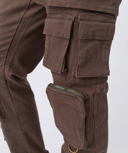 Multi Pocket Cargo Denim Pants - Brown
