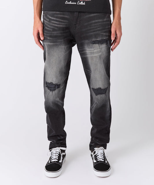 Rip and Repair Washed Denim Jeans - Black