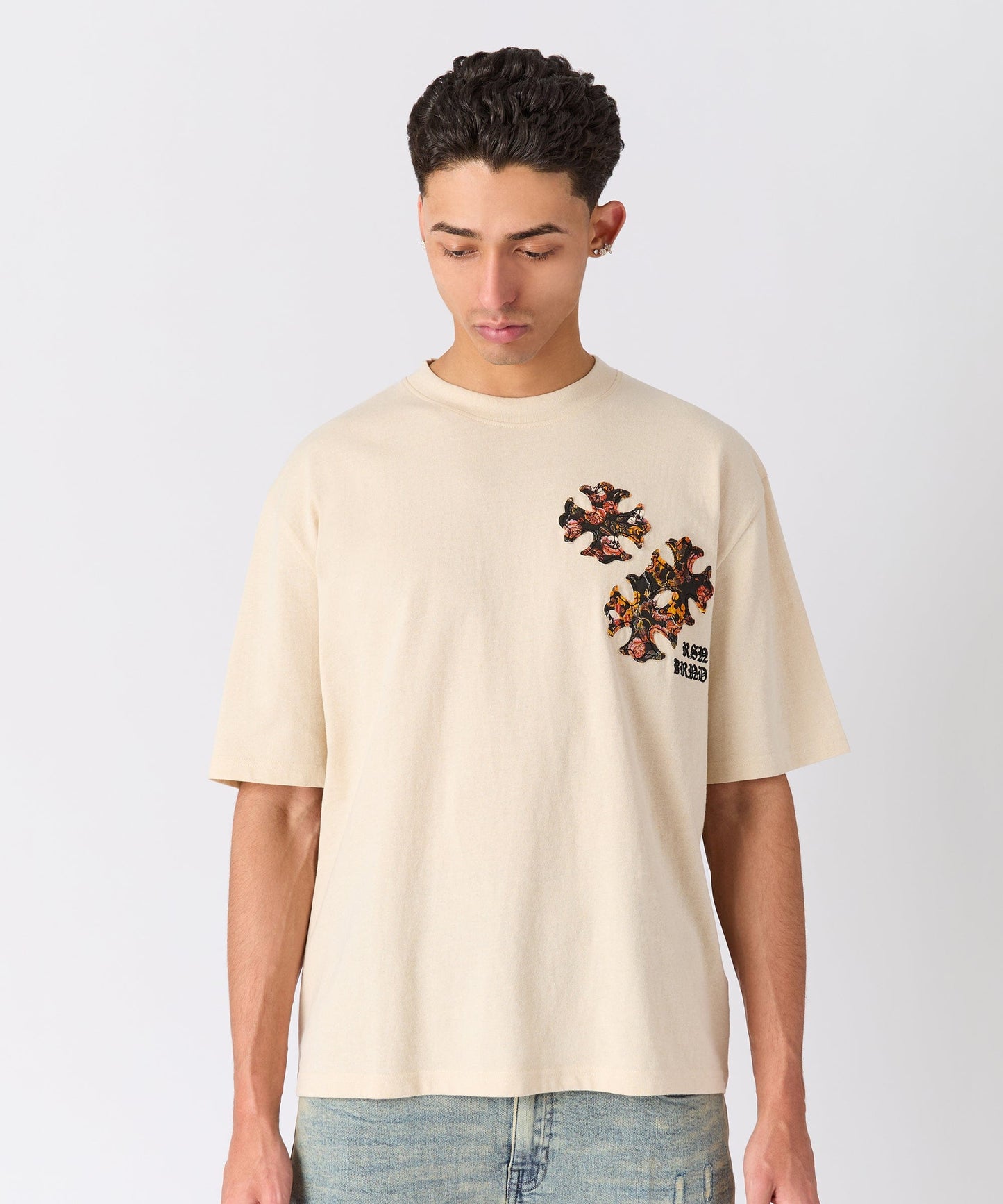 Cross Applique Short Sleeve Tee - Cream