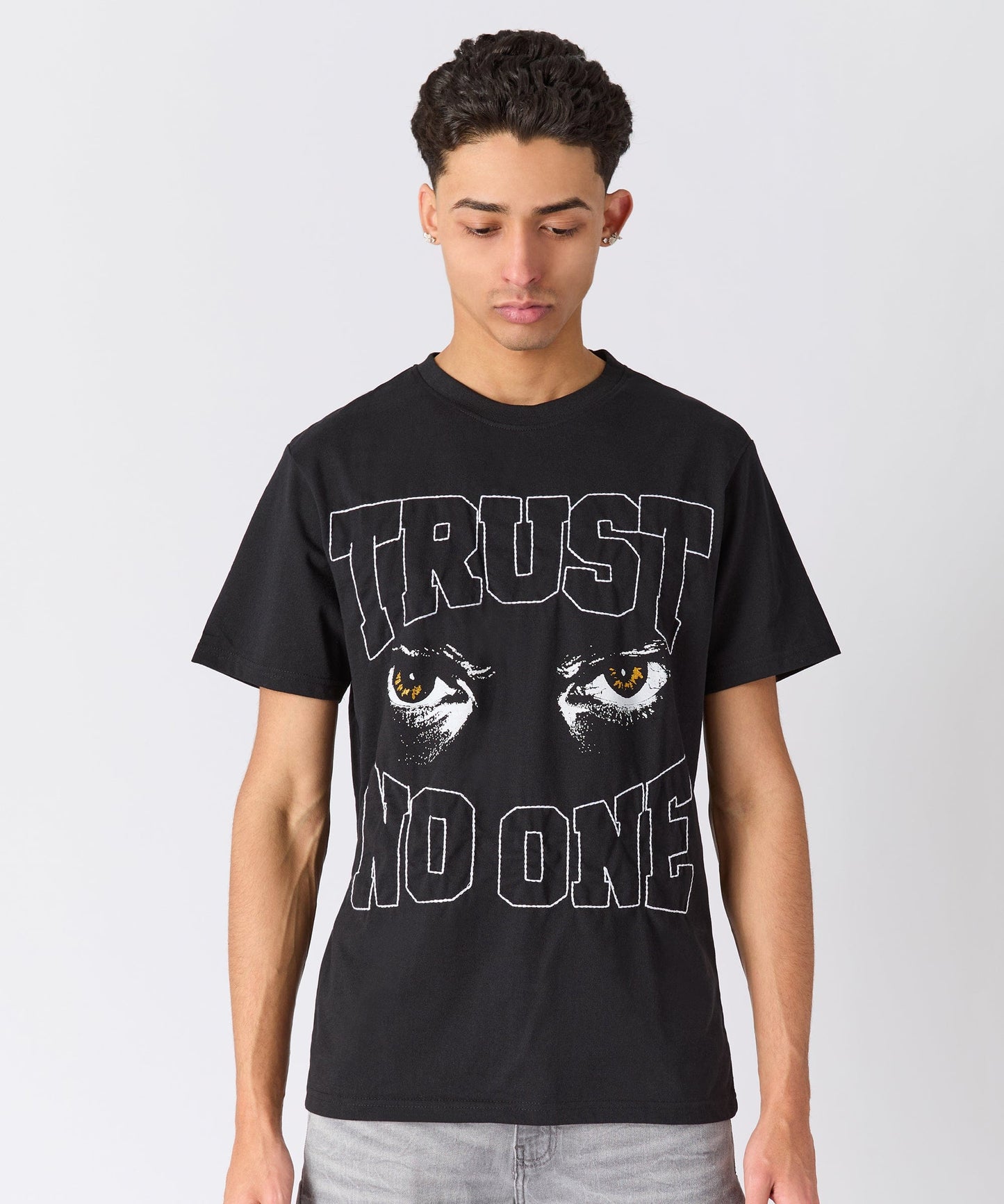 Trust No One Chenille Patched Short Sleeve Tee - Black
