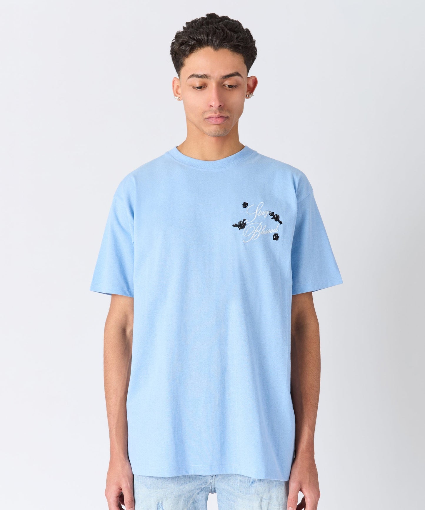 Angelic Embroidered Short Sleeve Tee - Light Blue