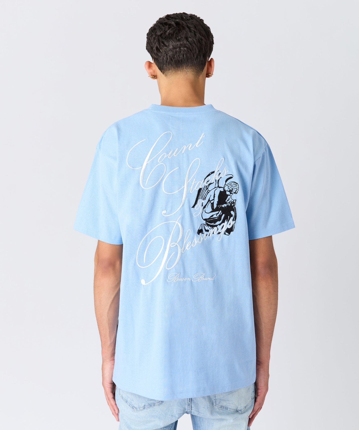 Angelic Embroidered Short Sleeve Tee - Light Blue