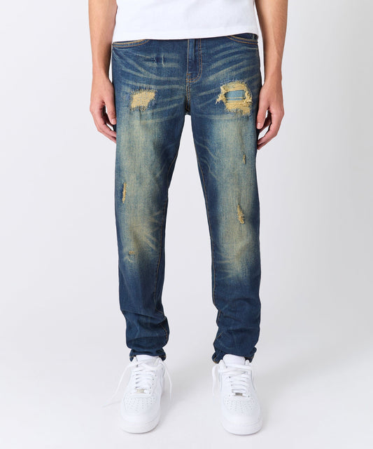 Indigo Washed Tint Rip And Repair Denim Pants - Dark Blue