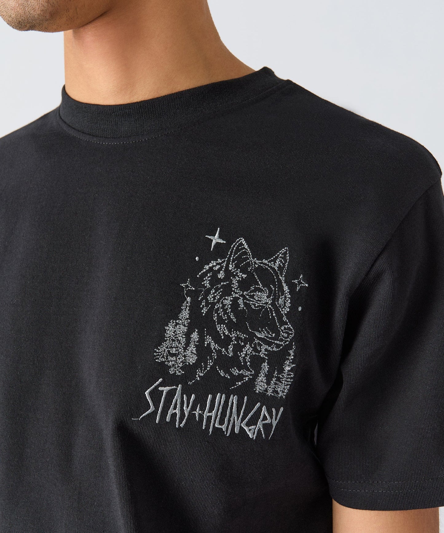 Stay Hungry Embroidered Short Sleeve Tee - Black