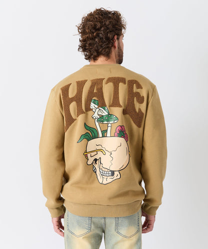 Love Hate Front And Back Chenille Patched Crewneck - Khaki