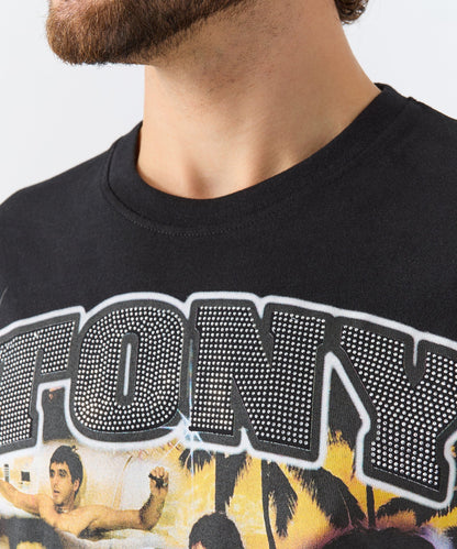Scarface Tony Rhinestone Short Sleeve Tee - Black