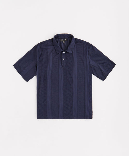 Jacquard Knit Textured Polo Shirt - Navy