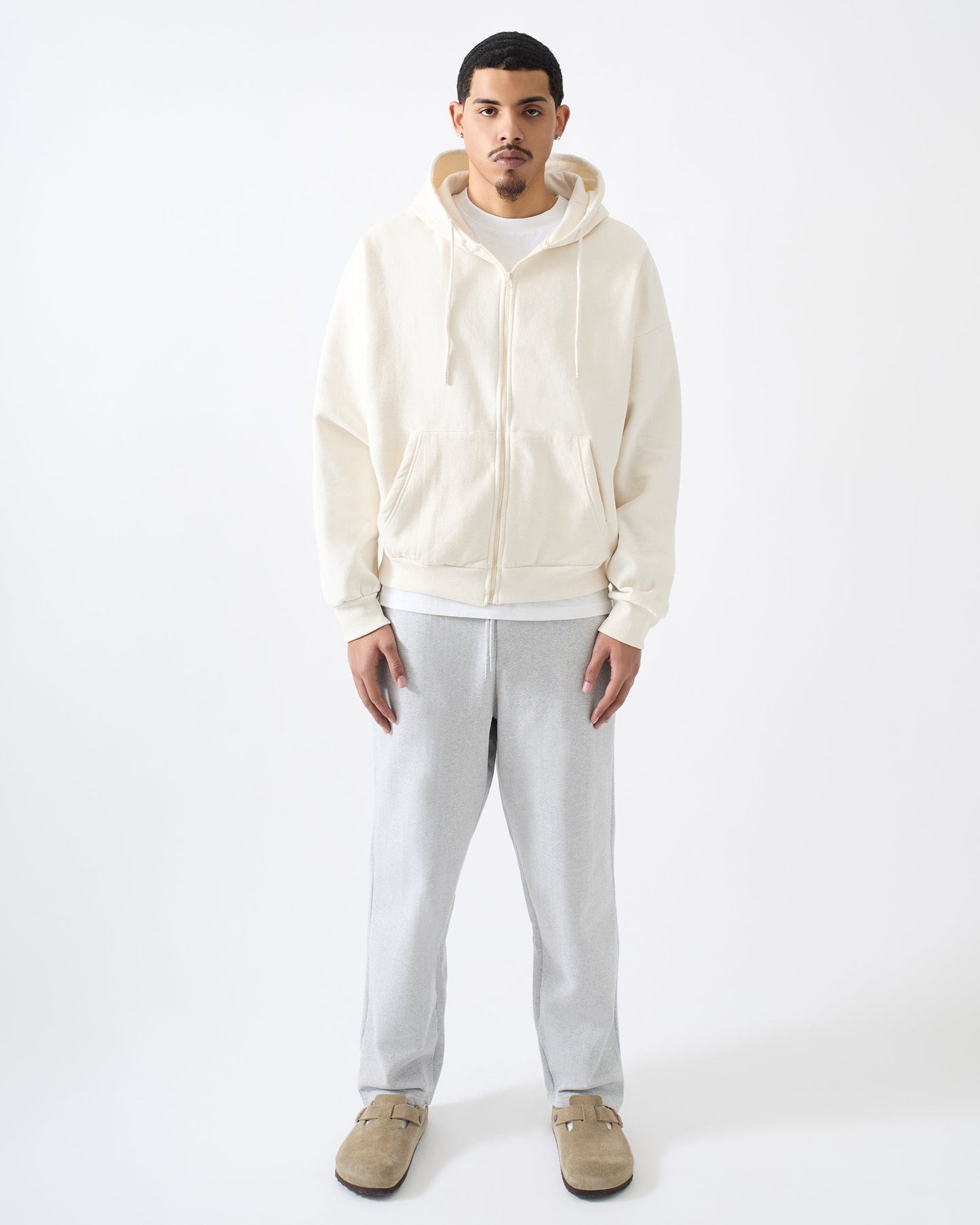 Essential Boxy Fit Heavyweight Fleece Zip Up Hoodie - Cream