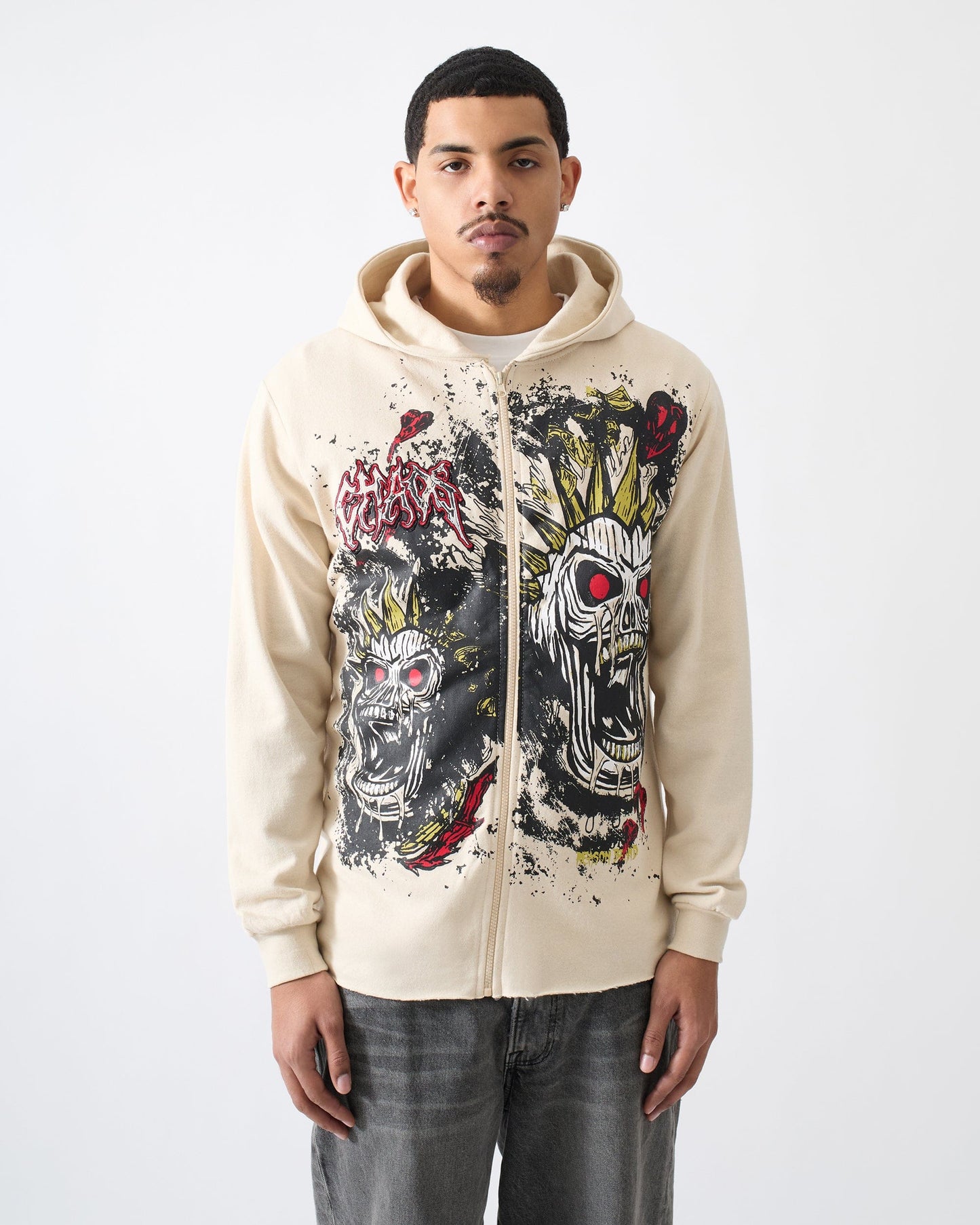 Beware Embroidered Skull Hoodie - Khaki