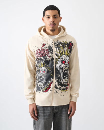 Beware Embroidered Skull Hoodie - Khaki