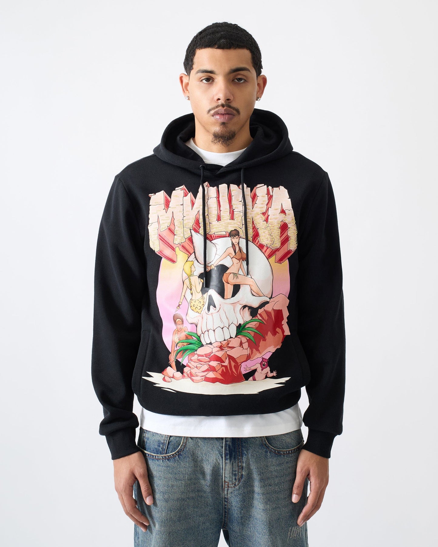 Mishka Graphic Print Embroidered Hoodie - Black