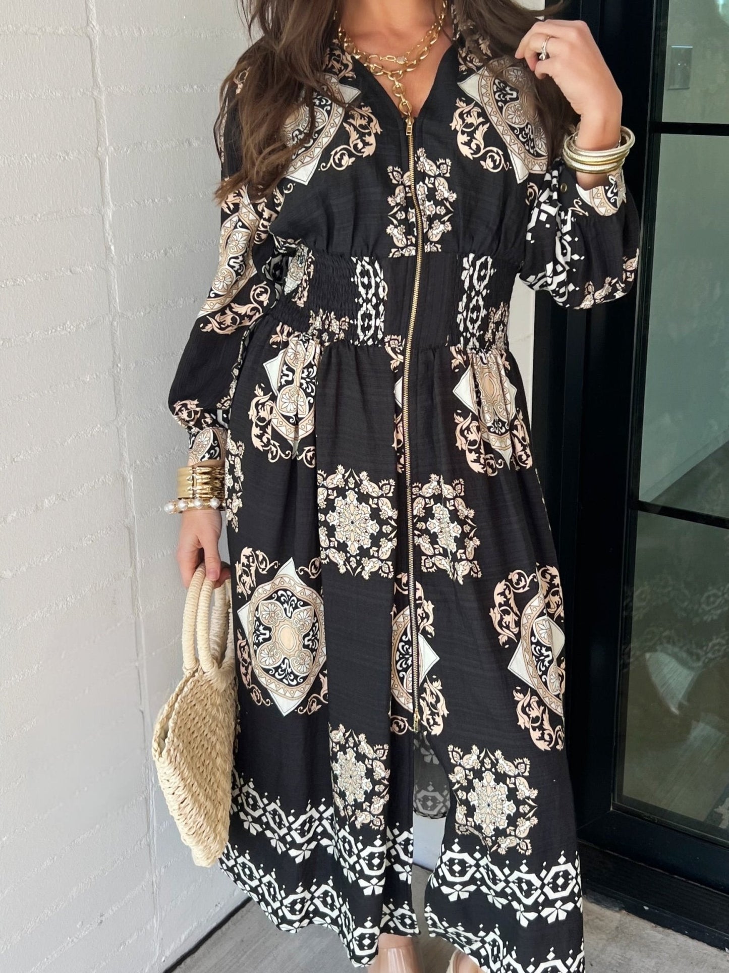 Midnight Mosaic Black Zipper Dress