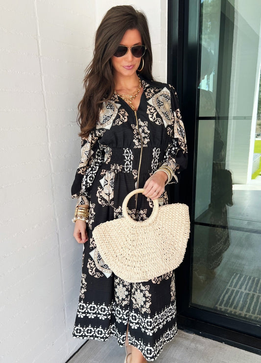 Midnight Mosaic Black Zipper Dress