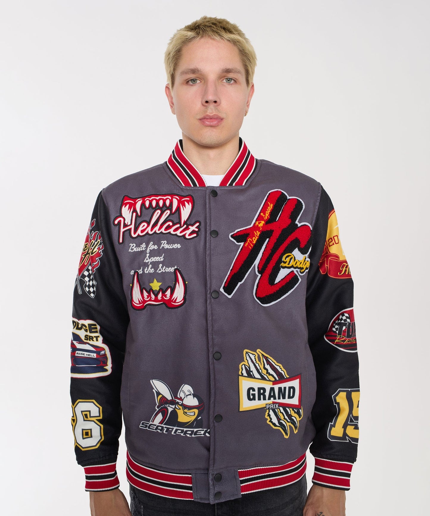 Dodge Hellcat Embroidery Varsity Jacket - Grey