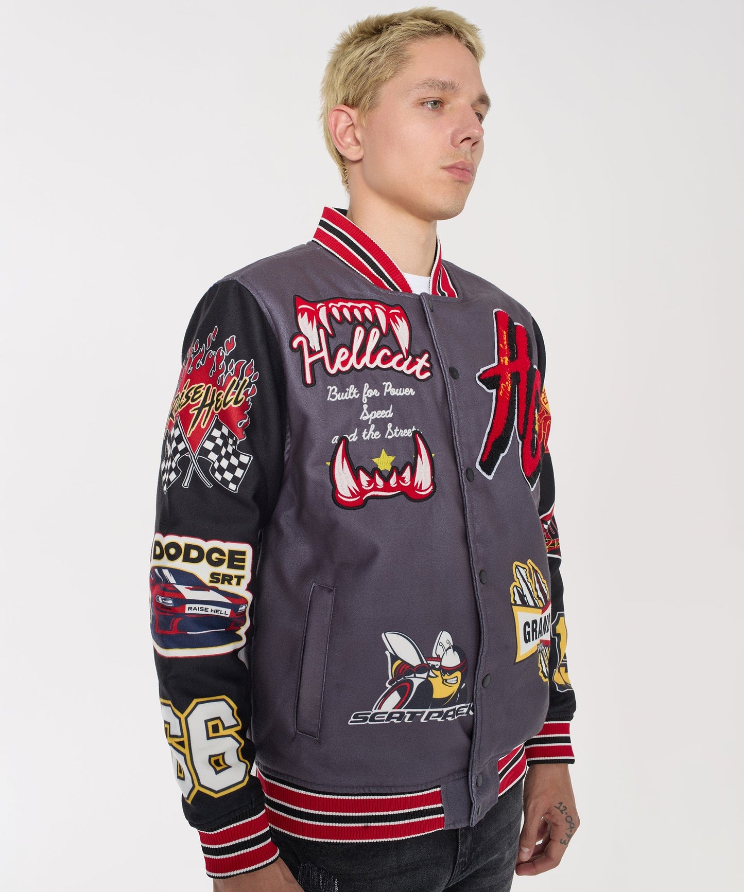Dodge Hellcat Embroidery Varsity Jacket - Grey