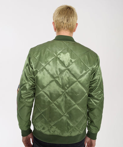 Military Satin Bomber Jacket - Olive Green