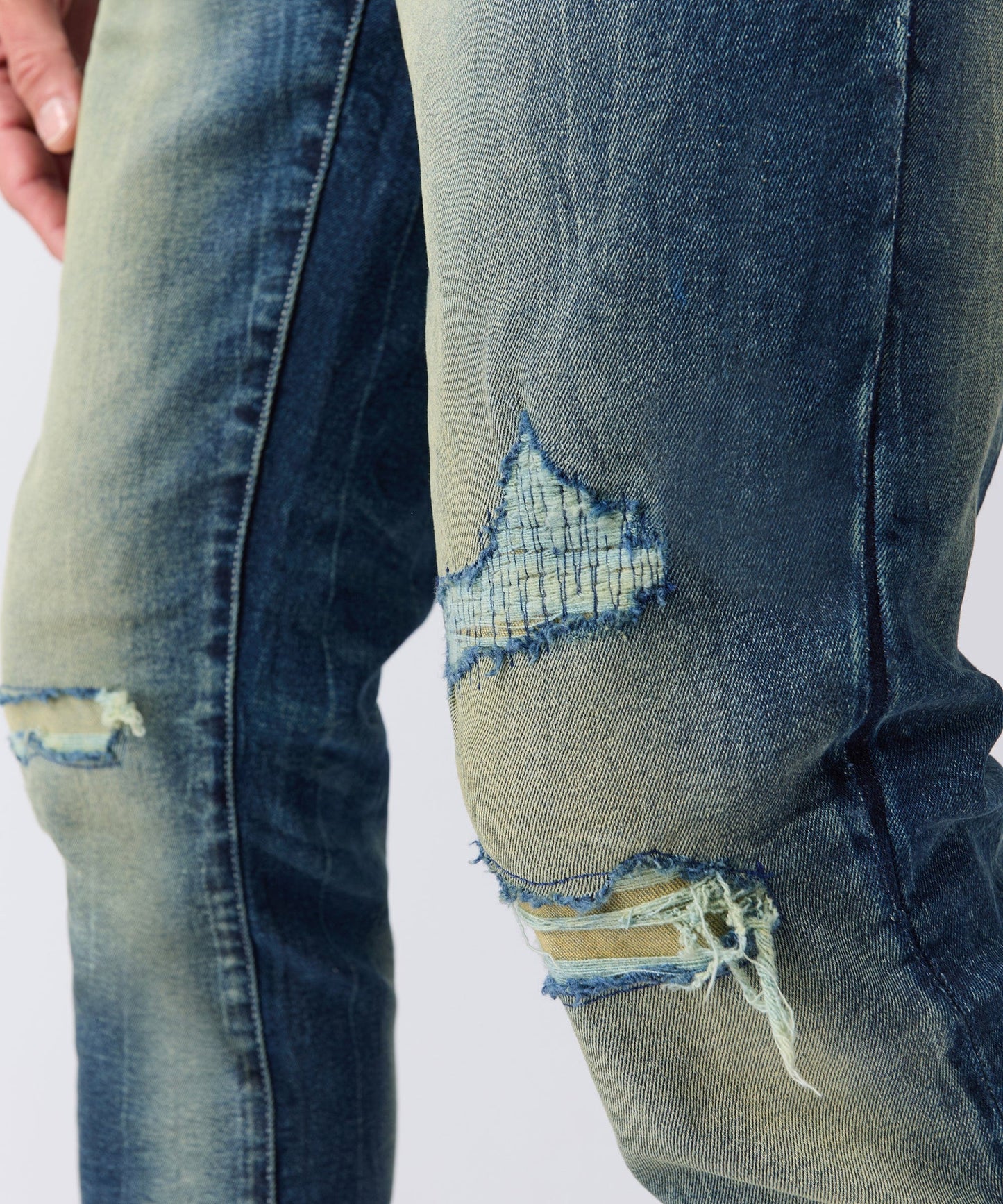 Rip and Repair Washed Denim Jeans - Medium Blue