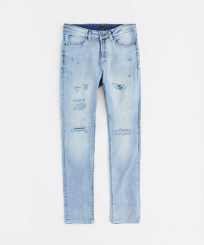 Ripped And Repaired Washed Denim Jeans - Light Blue