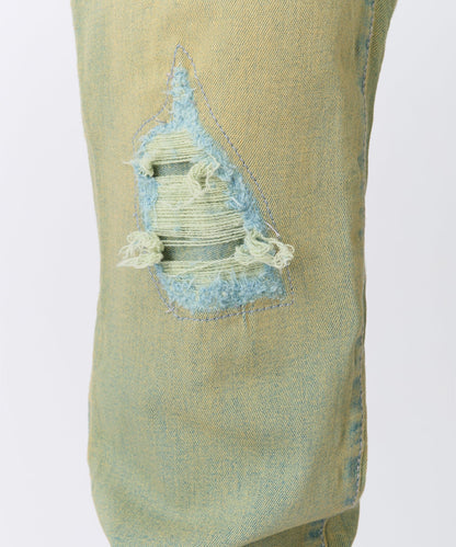 Ripped And Repaired Denim Pants - Vintage Blue