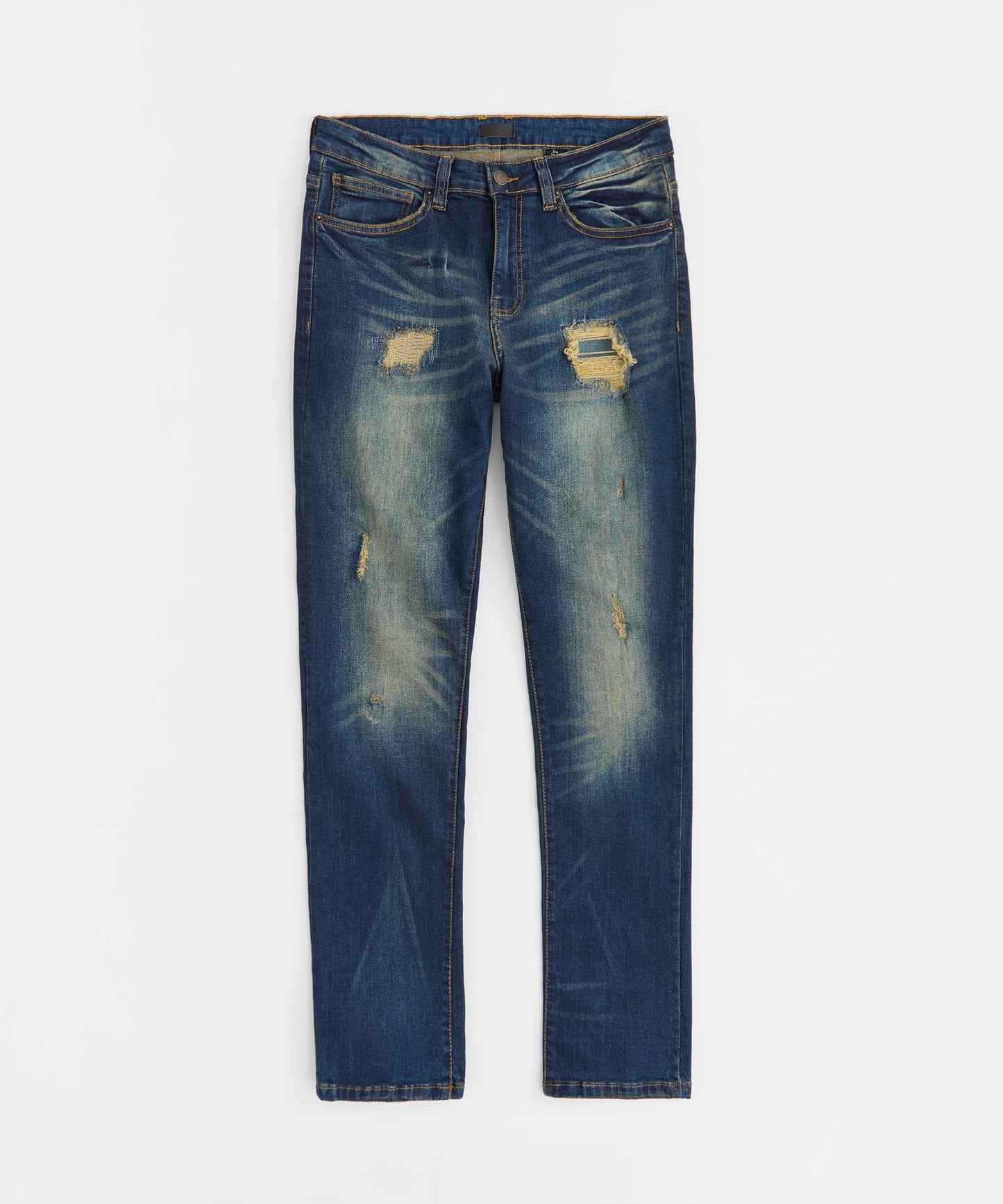 Indigo Washed Tint Rip And Repair Denim Pants - Dark Blue