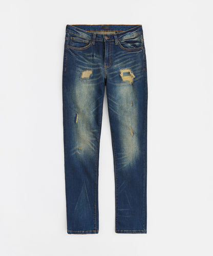 Indigo Washed Tint Rip And Repair Denim Pants - Dark Blue