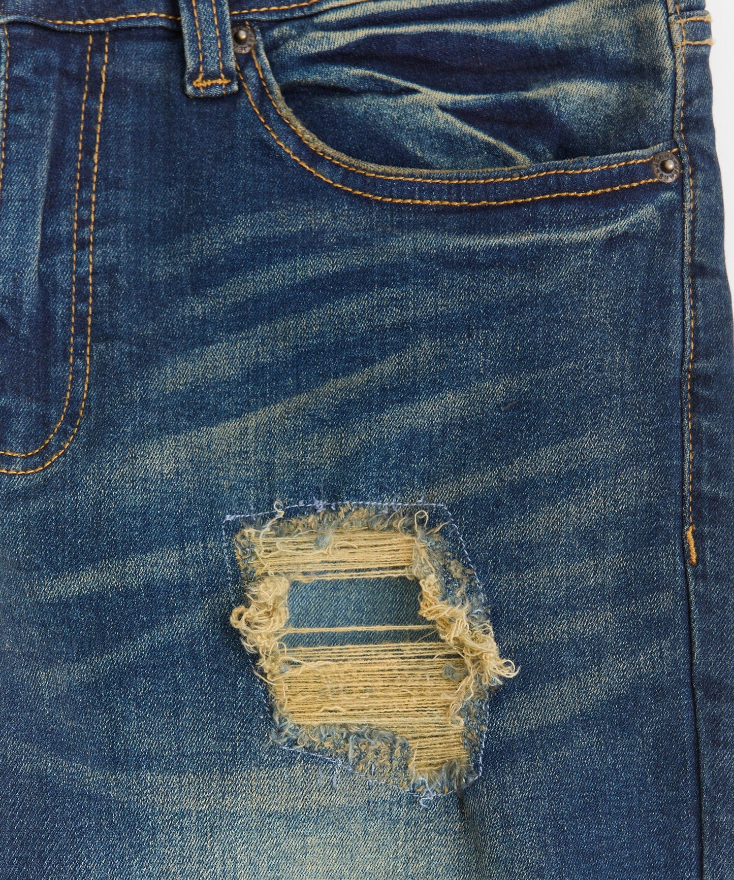 Indigo Washed Tint Rip And Repair Denim Pants - Dark Blue