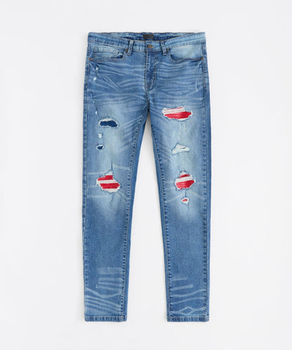 Washed Rip And Repair Denim Jeans - Medium Indigo