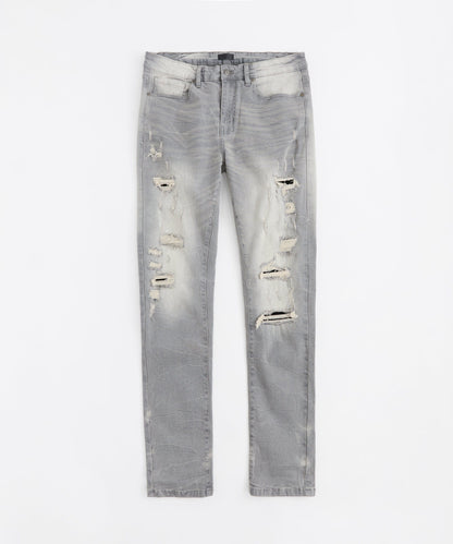 Acid Washed Ripped Denim Jeans - Grey