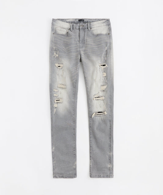 Acid Washed Ripped Denim Jeans - Grey