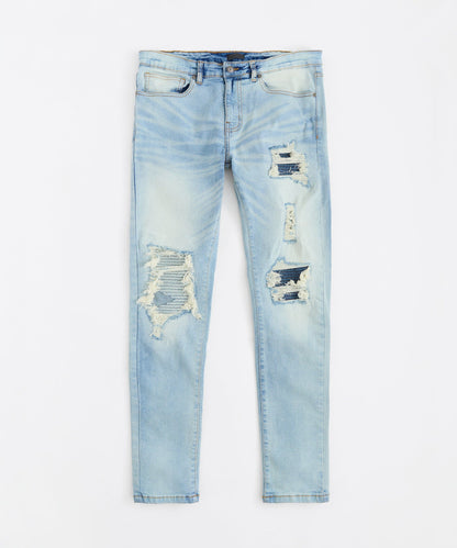 Washed Rip And Repair Denim Jeans - Light Indigo