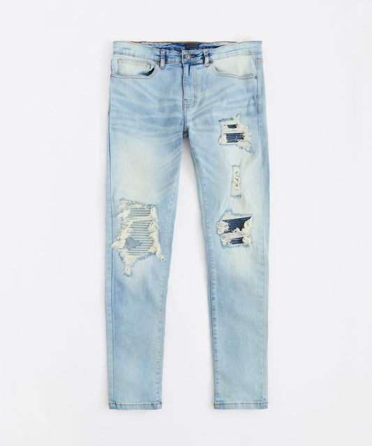 Washed Rip And Repair Denim Jeans - Light Indigo