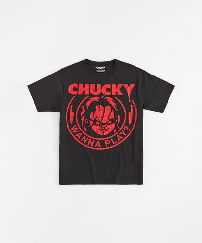 Chucky Rhinestone Wanna Play Short Sleeve Tee - Black