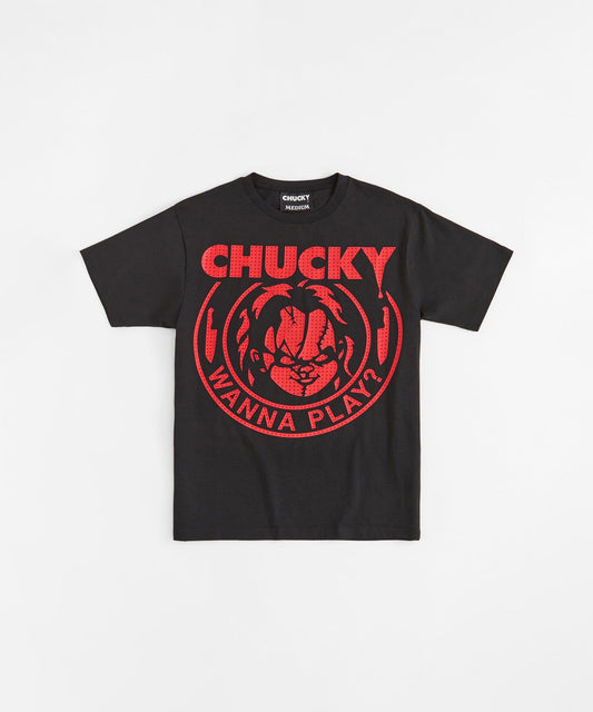 Chucky Rhinestone Wanna Play Short Sleeve Tee - Black