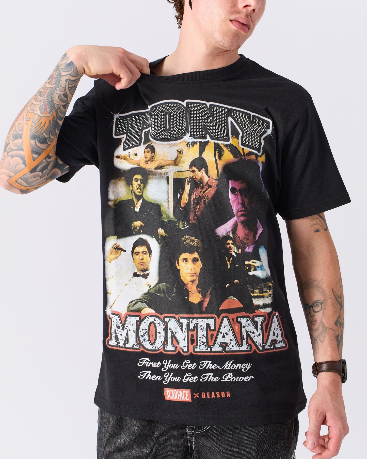 Scarface Tony Rhinestone Short Sleeve Tee - Black