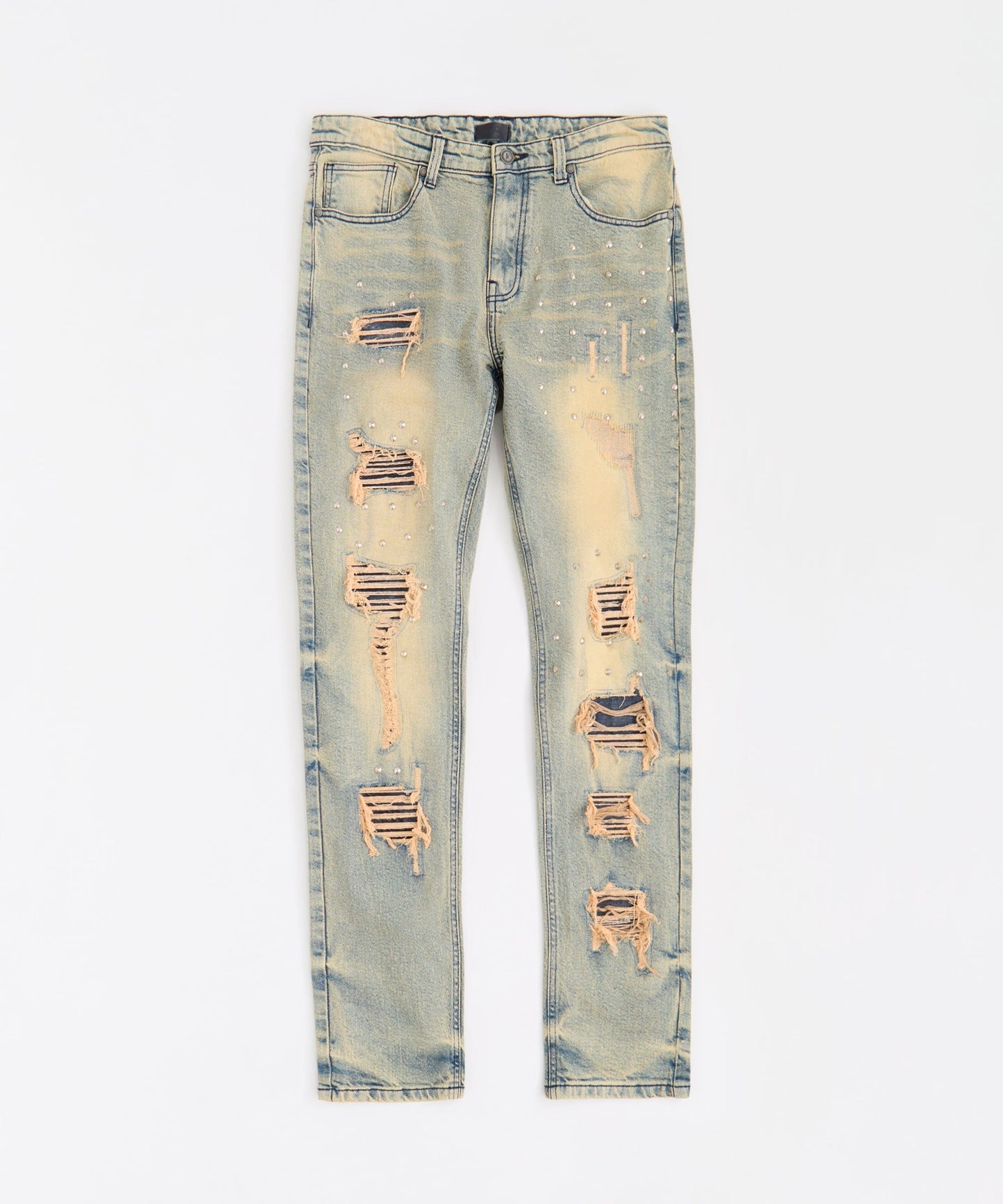 Studded Distress Denim Jeans - Blue