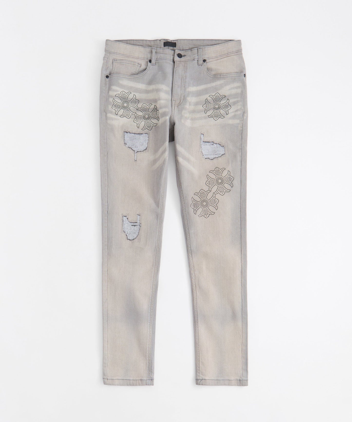 Rhinestone Cross Washed Denim Jeans - Grey