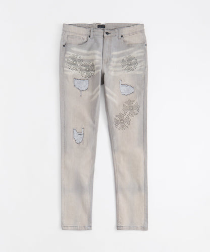 Rhinestone Cross Washed Denim Jeans - Grey