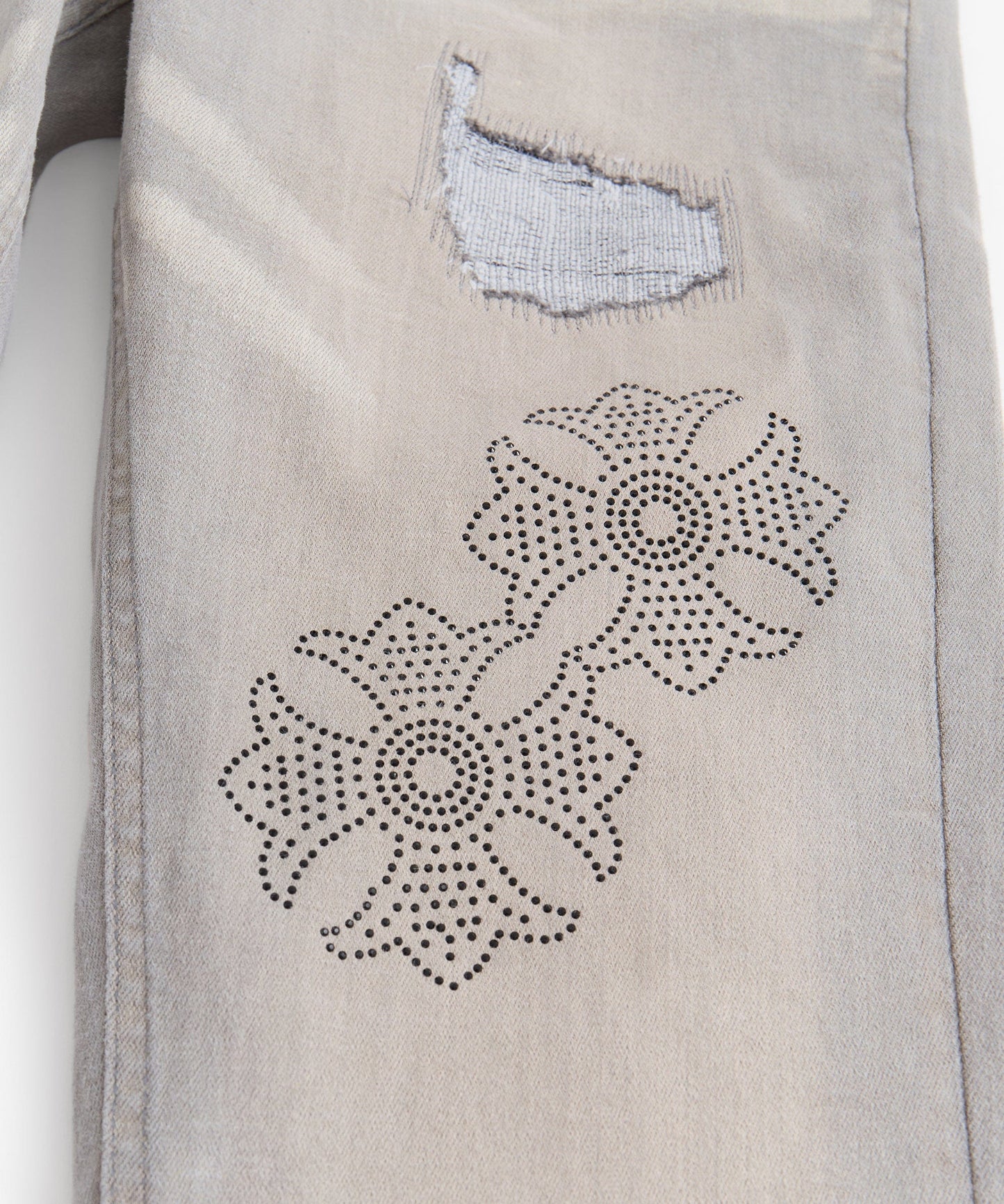 Rhinestone Cross Washed Denim Jeans - Grey