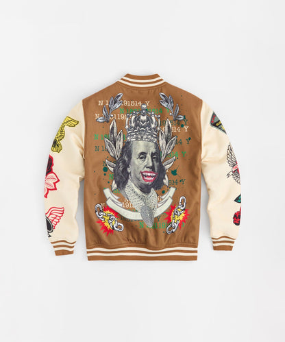 Cash Chenille Patched Varsity Jacket - Brown