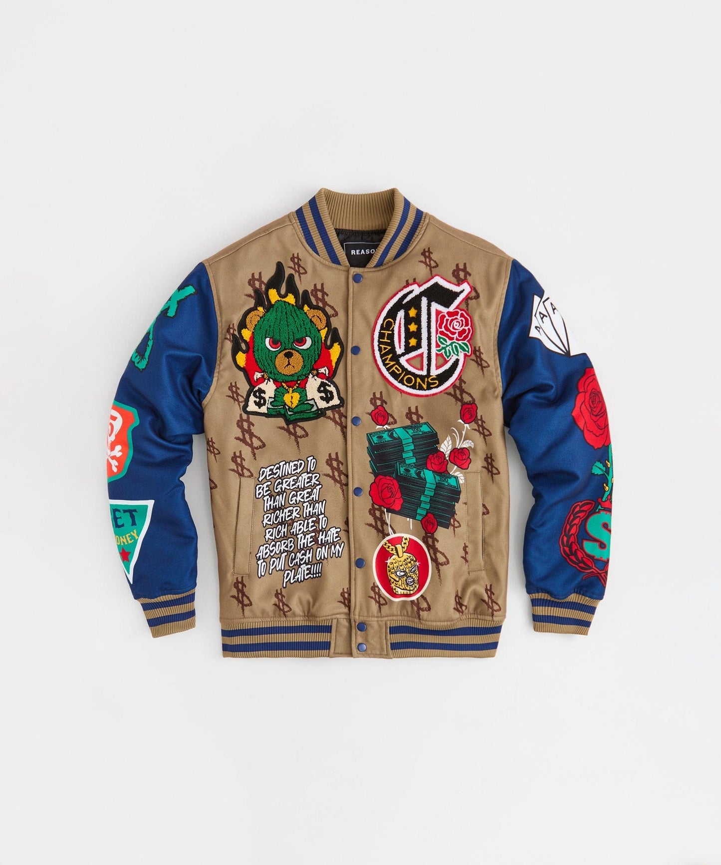 Paper Chaser Chenille Patched Varsity Jacket - Khaki