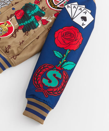 Paper Chaser Chenille Patched Varsity Jacket - Khaki