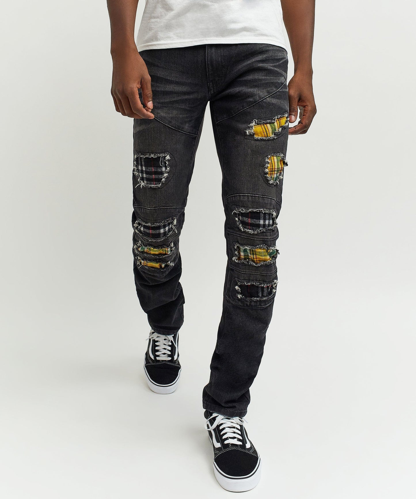 Terrance Flannel Patched Grey Wash Denim Jeans